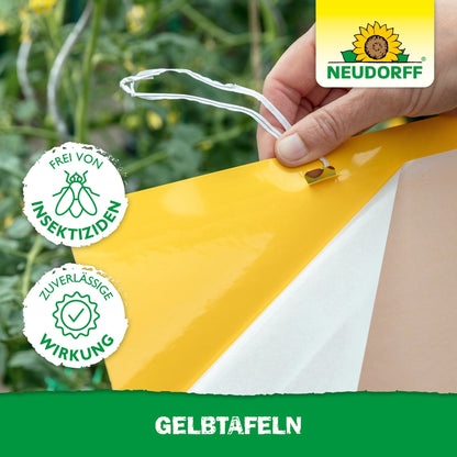 Egy kéz egy sárgalapot (nagy méretű) akaszt fel a Neudorff Shopból egy kertben, hogy megvédje a növényeket a kártevőktől. A kép mutatja a Neudorff logót, a rovarirtómentes és hatékony alkalmazás pecsétjét és "SÁRGALAPOK" feliratot az alsó részen.