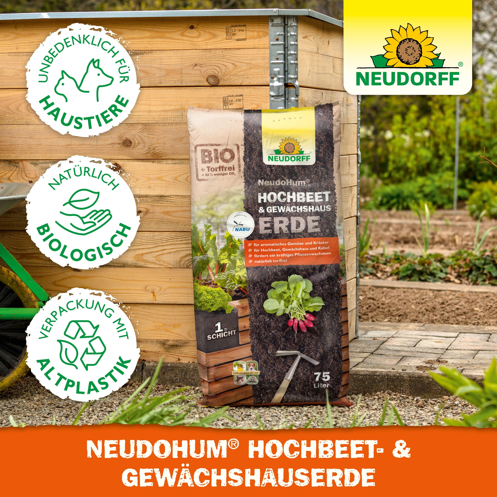 Eine Tüte Neudorff Shop's NeudoHum Hochbeet & GewächshausErde ruht auf einem Gartenbeet neben Grünpflanzen. Drei grüne Symbole zeigen, dass das Produkt für Haustiere geeignet, natürlich und biologisch ist und eine nachhaltige Verpackung hat.
