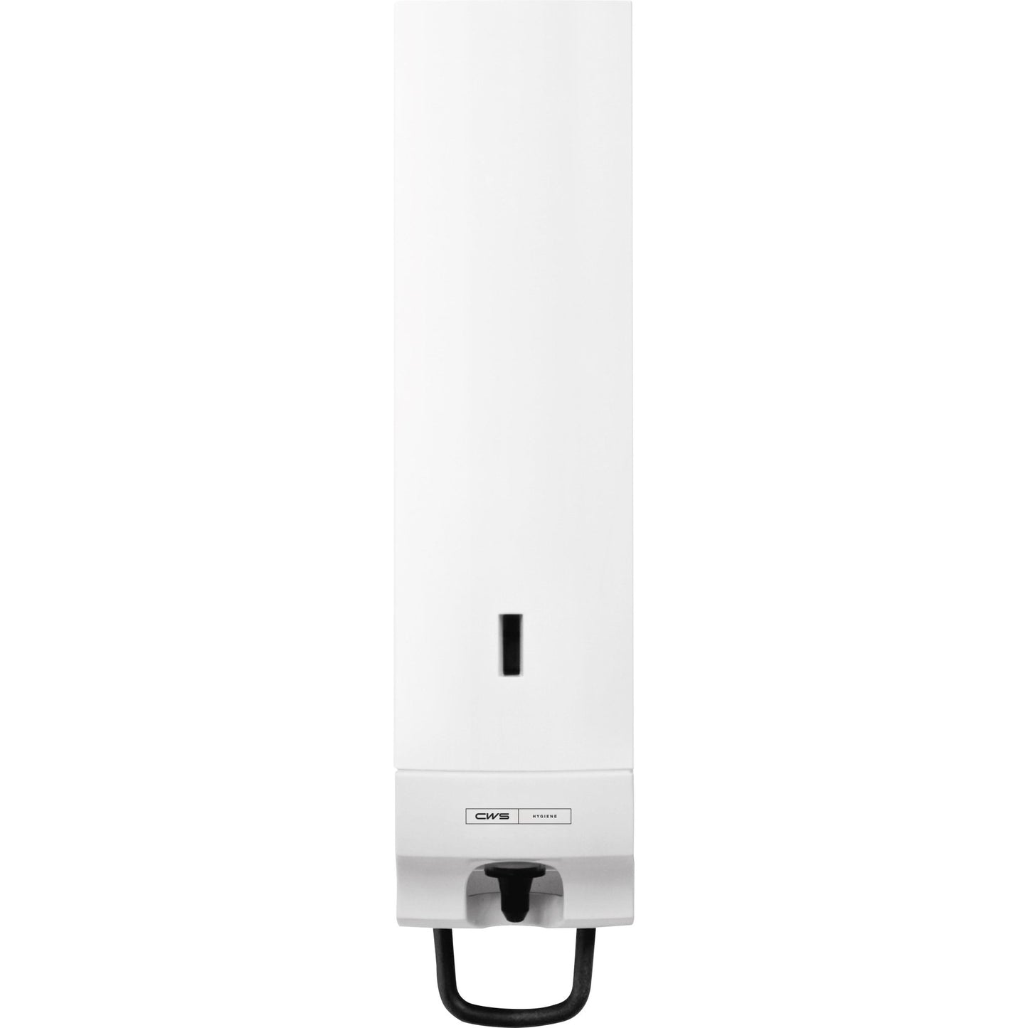 A CWS ParadiseLine habszappanadagoló Foam Slim, fehér panellel, egy falra szerelhető adagoló betekintő ablakkal és fekete fogantyúval. Tökéletes higiénikus kézmosáshoz, "CWS" márkalogóval az elején.