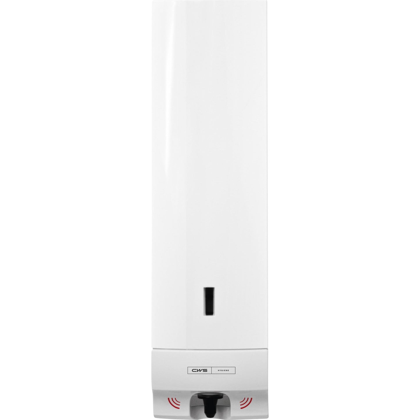 A CWS ParadiseLine habszappanadagoló Foam Slim Non-Touch fehér színben egy falra szerelhető adagoló látható szappanszint ablakkal, fekete érzékelővel az érintésmentes higiéniáért és a CWS higiéniai logóval a fúvóka felett.