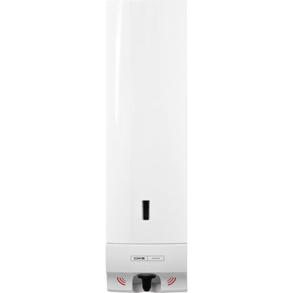 A CWS ParadiseLine habszappanadagoló Foam Slim Non-Touch fehér színben egy falra szerelhető adagoló látható szappanszint ablakkal, fekete érzékelővel az érintésmentes higiéniáért és a CWS higiéniai logóval a fúvóka felett.