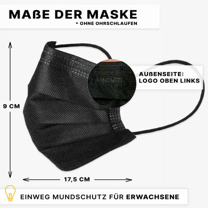 Egy fekete ARNOMED MUNDSCHUTZ TYP IIR OP-maszk gumiszalagokkal az ARNOWA GmbH-tól felnőtteknek, 9 x 17,5 cm fülhurkok nélkül van ábrázolva. Egy részlet kiemeli a logót bal felső sarokban, és német címkék felsorolják a méreteket és jellemzőket.