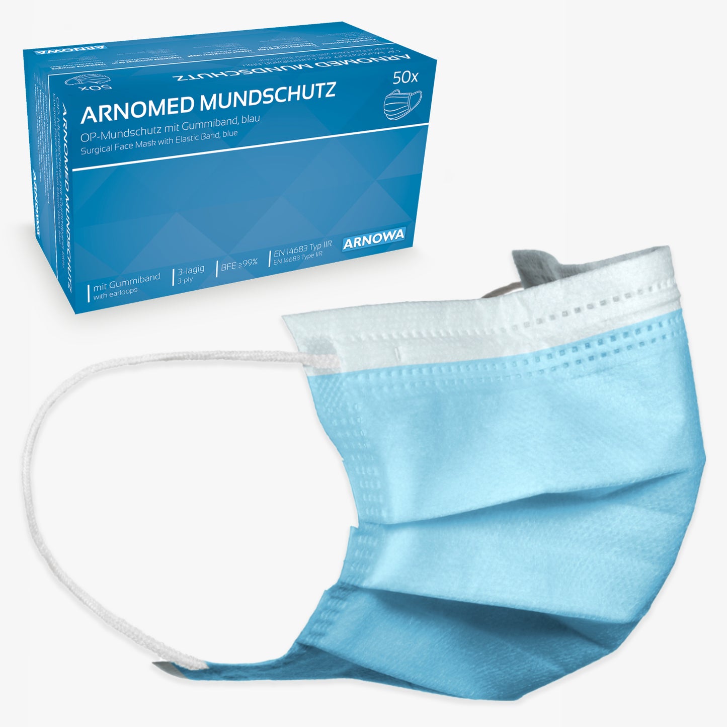 Egyetlen világoskék eldobható maszk fehér rugalmas fülhurkokkal mögött egy kék doboz áll, rajta az "ARNOMED MUNDSCHUTZ TYP IIR OP-maszk gumiszalagokkal TYP IIR" felirattal az ARNOWA GmbH-tól, maszkábrázolással és német szöveggel.