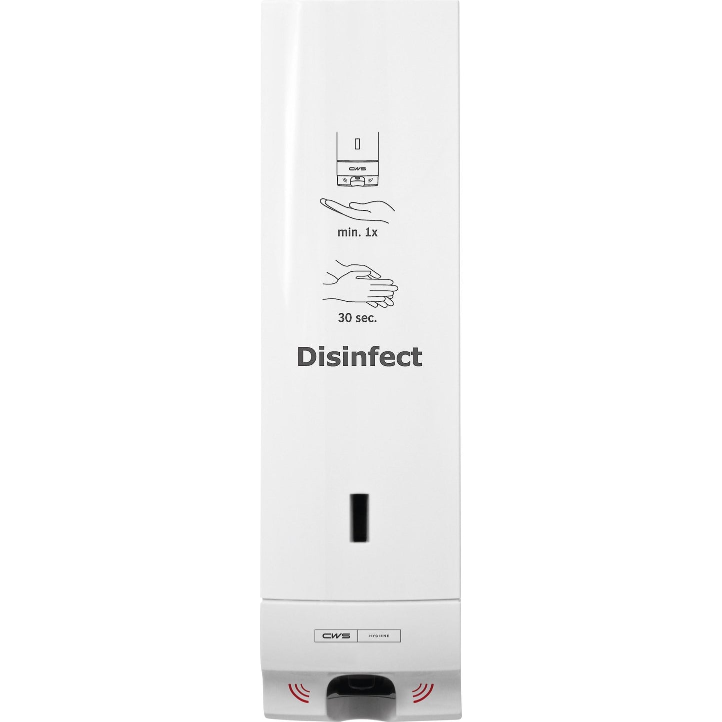 A CWS ParadiseLine érintés nélküli fertőtlenítőszer adagoló Disinfect Non touch, fehér panellel, egy fehér, falra szerelhető, érintésmentes fertőtlenítőszer adagoló a CWS-től, "Disinfect" matricával és képes útmutatóval egy pumpához és 30 másodperces kézfertőtlenítéshez.