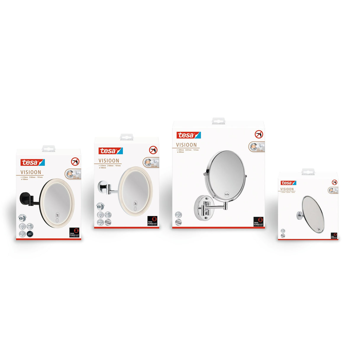 tesa VISIOON Kosmetikspiegel Doppelschwenkarm, selbstklebend, verchromtem Messing und verchromtem chrom – Sortiment