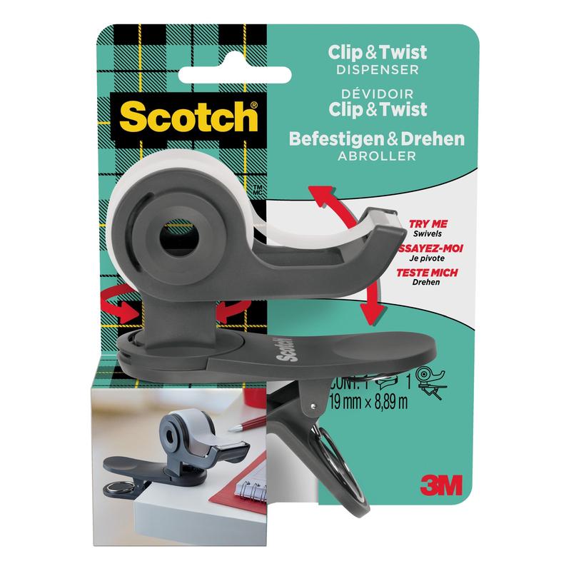 A 3M Deutschland GmbH Scotch™ Clip & Twist ragasztószalag-adagoló C19 egy tekercs Scotch® Magic™ Láthatatlan ragasztószalaggal (19 mm × 8,89 m) van ábrázolva egy csomagolásban, amely egy asztalszélhez van rögzítve. A márkajelzés és a használati utasítások láthatók.