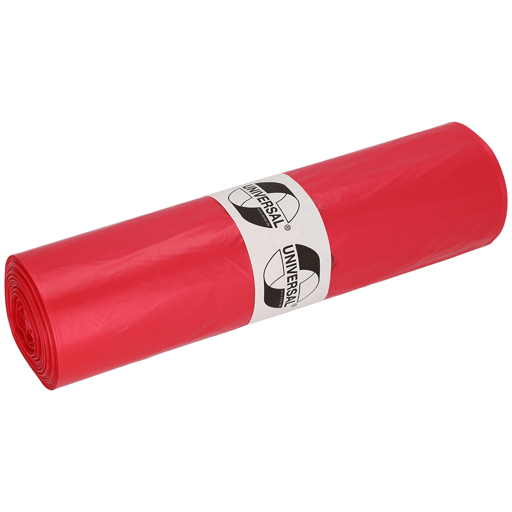 A képen egy EMIL DEISS KG (GmbH + Co.) DEISS 41001 piros szemeteszsák tekercs látható, 700x1100x0,023 mm (50 zsák/tekercs), középen egy fehér "UNIVERSAL" címkével körbetekerve, egyszínű, világos háttéren.