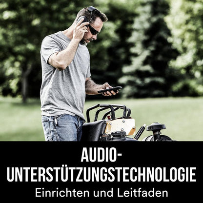 Egy férfi szürke pólóban és napszemüvegben állítja be a 3M™ WorkTunes™ Connect fültokos hallásvédőt 90543E Bluetooth® (SNR 31 dB, fekete) a 3M Deutschland GmbH-tól, miközben a szabadban eszközök közelében egy okostelefonra néz. Német szöveg: "Audio támogatási technológia Beállítás és útmutató.