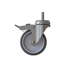 Das TASKI Trolley Rad 100mm mit Bremse von Diversey Deutschland GmbH & Co. OHG ist ein schwenkbares Rad mit Bremse, grauem Reifen, Metallgabel und zentralem Vorbau für TASKI Trolleys; inklusive Metallbremshebel. Wird als einzelne Einheit verkauft.