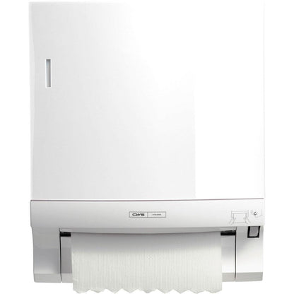 A falon egy CWS ParadiseLine papírtörlő adagoló Paperroll (fehér, 1 darab) van felszerelve. Egy papírszalag lóg ki, a keskeny betekintő ablak és egy ikon jobb alsó sarokban a higiénikus kézszárítást jelzi.