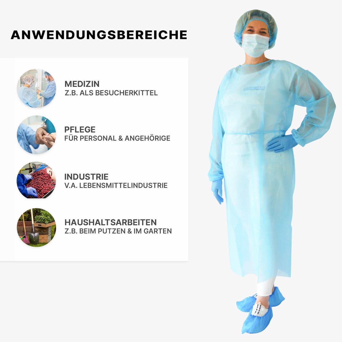 Eine Person trägt ARNOMED PROTECT PP-SCHUTZKITTEL Einweg Schutzkittel aus PP-Vlies von ARNOWA GmbH, zusammen mit Maske, Mütze, Handschuhen und Schuhüberzügen. Links: Anwendungen - Medizin, Pflege, Industrie, Haushalt - mit Fotos und deutschen Beschreibungen.