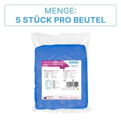 Ein durchsichtiger Kunststoffbeutel enthält fünf ARNOMED PROTECT PP-BESUCHERKITTEL BLUE Einweg-Besucherkittel mit Druckknöpfen der ARNOWA GmbH. Die Tüte ist mit einer Produktinformation und einem Barcode versehen. Über dem Bild: "Menge: 5 Stück pro Beutel.