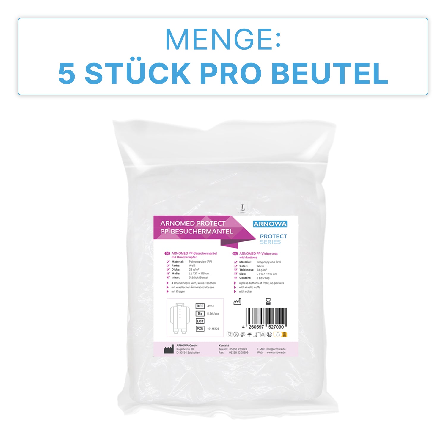 Eine transparente Verpackung enthält fünf ARNOMED PROTECT PP-Besucherkittel Weiß mit Druckknöpfen der ARNOWA GmbH. Das Etikett zeigt Produktdetails, Barcode und die Aufschrift "5 Stück pro Beutel".