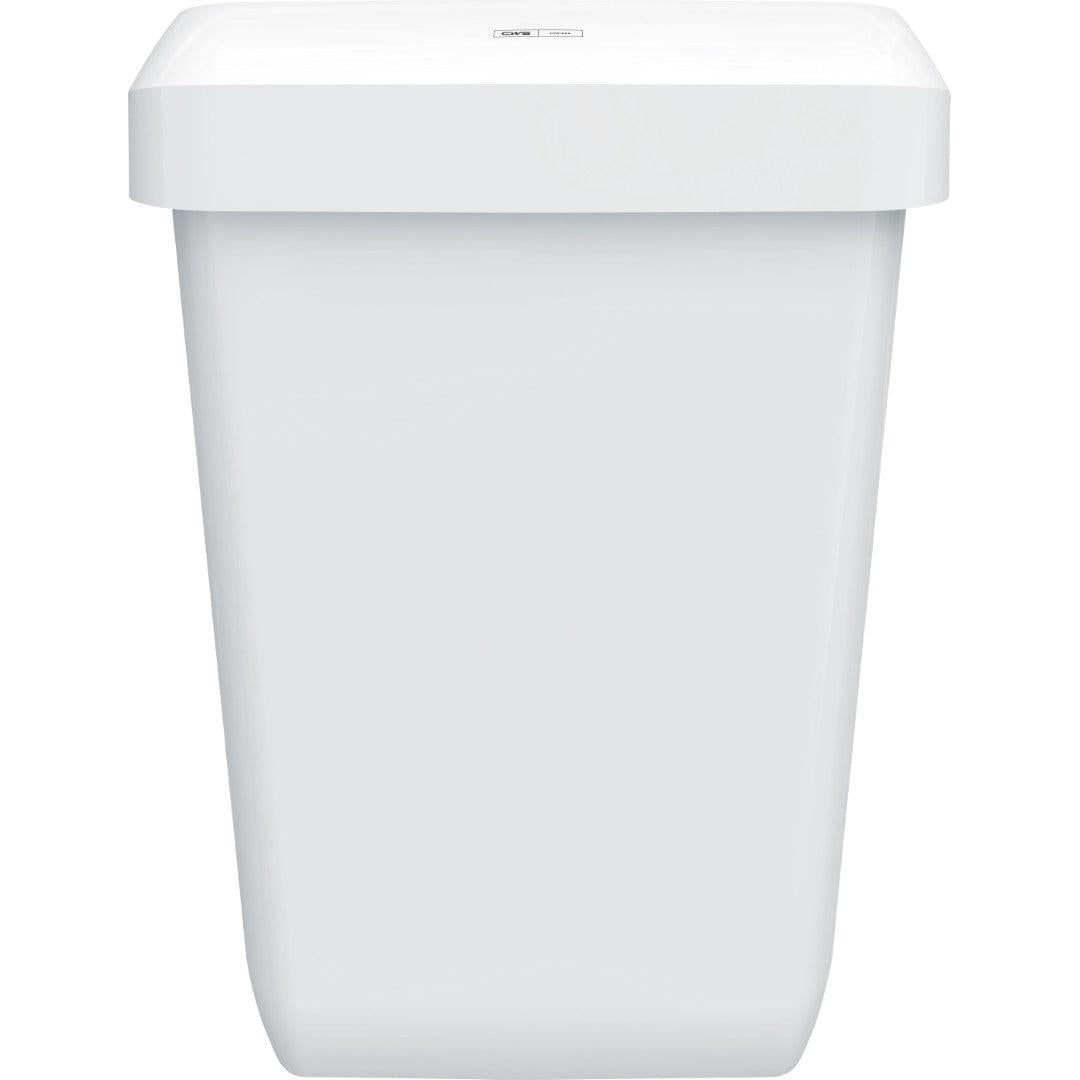 A CWS ParadiseLine Abfallbehälter Paper Bin egy egyszerű, téglalap alakú, fehér műanyag tartály (43 l) fedéllel és sima felületekkel, fehér háttéren ábrázolva. Egyszerű és funkcionális design, csak egy kis címke található a fedélen.