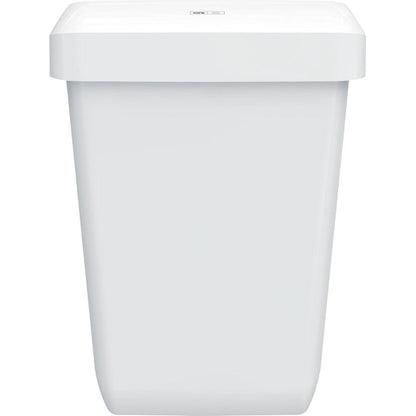 A CWS ParadiseLine Abfallbehälter Paper Bin egy egyszerű, téglalap alakú, fehér műanyag tartály (43 l) fedéllel és sima felületekkel, fehér háttéren ábrázolva. Egyszerű és funkcionális design, csak egy kis címke található a fedélen.