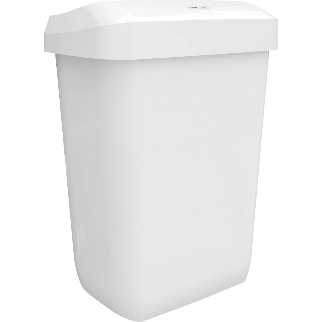 A CWS ParadiseLine Abfallbehälter Paper Bin egy egyszerű, téglalap alakú, fehér 43 literes műanyag szemetes enyhén domború fedéllel és sima oldalakkal, fehér háttéren ábrázolva. Nincsenek látható márkajelzések vagy feliratok.