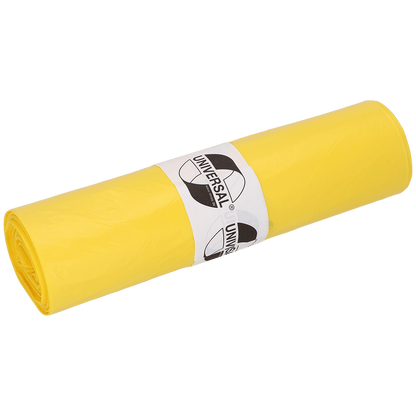 Egy tekercs DEISS szemeteszsák 575x1000x0,018 mm HDPE-ből, 50 l kapacitással az EMIL DEISS KG (GmbH + Co.) cégtől, sárga zsákok fehér címkével és fekete "Universal" logóval fehér alapon.