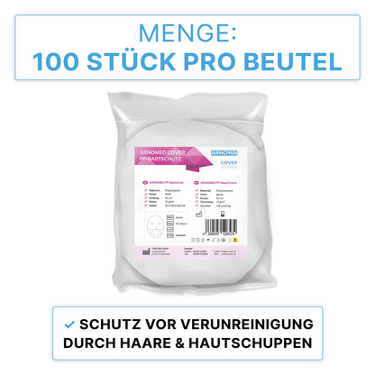 Ein versiegelter Beutel mit der Aufschrift "ARNOMED PP-Bartschutz Weiß, mit Gummizug, Einweg | Beutel (100 Stück)" der ARNOWA GmbH enthält 100 weiße Einweg-Bartschutzhüllen zum Schutz vor Kontamination durch Haare und Hautschuppen.