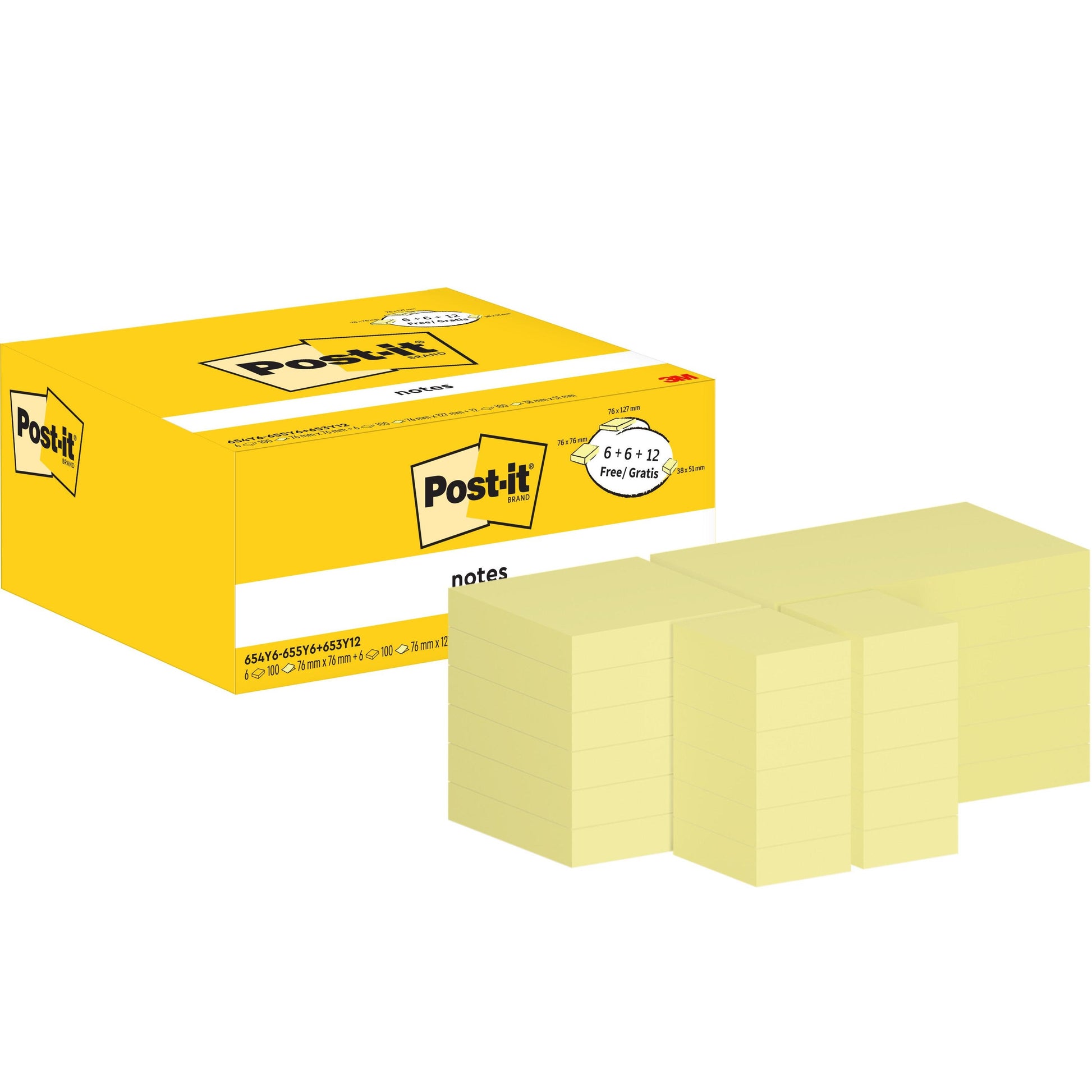 Eine Packung (1 Stück) Post-it® Notes, Gelb, Verschiedene Größen von 3M Deutschland GmbH in Kartonverpackung, mit 12 Blöcken + 12 Gratis je 100 Blatt/Block - ideal als hochwertige gelbe Haftnotizen im praktischen Set.