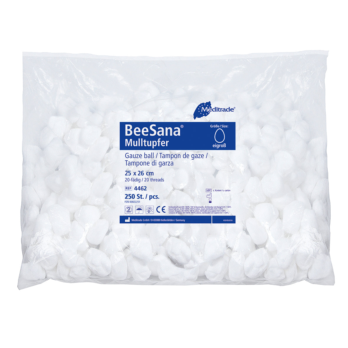 BeeSana® géztampon, RöKo nélkül, nem steril, 25 x 26 cm, kerek forma, tojás méretű | Csomag (250 db)
