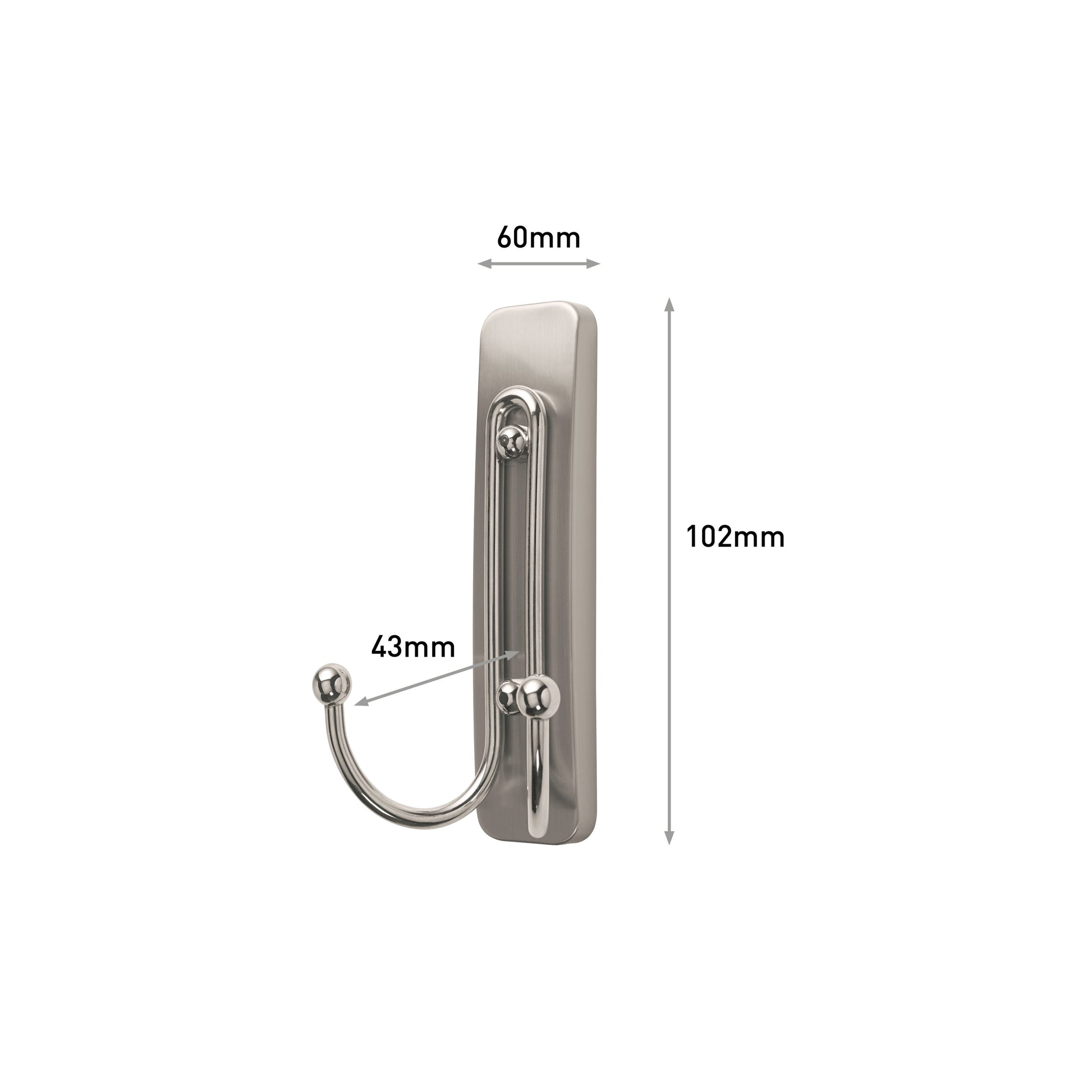 Der Command™ Großer Badezimmer-Doppelhaken Nickel satiniert von 3M Deutschland GmbH ist auf weißem Hintergrund abgebildet. Der Haken misst 60mm Breite, 102mm Höhe und ragt 43mm von der rechteckigen Basis hervor.
