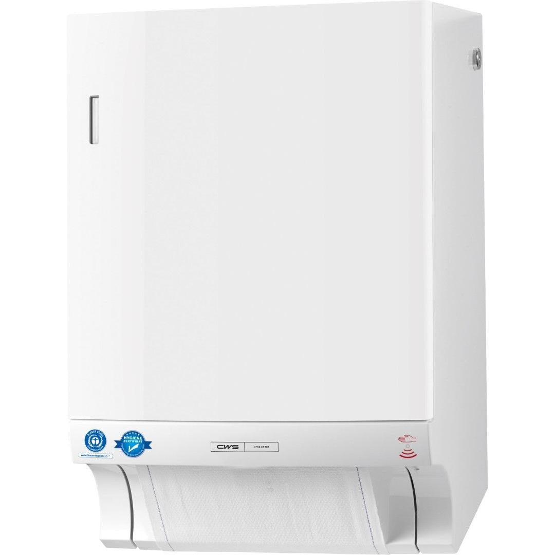 A CWS ParadiseLine Dry Slim Non-Touch szövetkéz-törlőadagoló (fehér, 1 db) egy falra szerelhető adagoló, amely higiénikus törülközőadagolást biztosít; látható rögzítőlemezzel és tanúsító matricával rendelkezik a bal alsó elülső panelen.