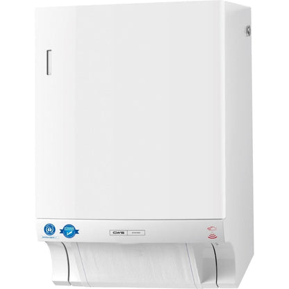 A CWS ParadiseLine Dry Slim Non-Touch szövetkéz-törlőadagoló (fehér, 1 db) egy falra szerelhető adagoló, amely higiénikus törülközőadagolást biztosít; látható rögzítőlemezzel és tanúsító matricával rendelkezik a bal alsó elülső panelen.