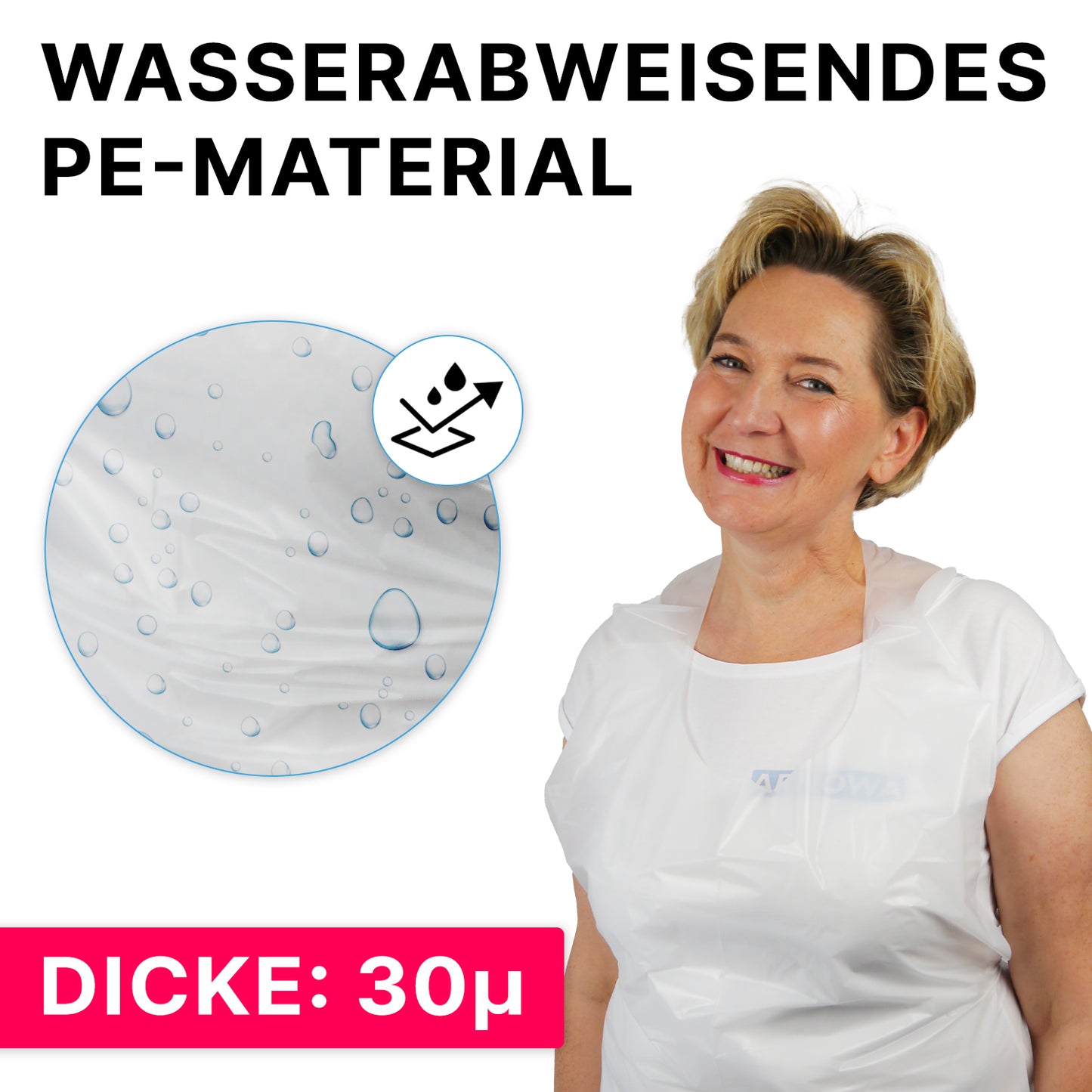 Eine lächelnde Frau trägt eine ARNOMED COVER PE-SCHÜRZE der ARNOWA GmbH. Oben steht "Wasserabweisendes PE-Material" mit einer Nahaufnahme von Wassertropfen; darunter hebt ein rosa Banner "Dicke: 18µ" hervor.