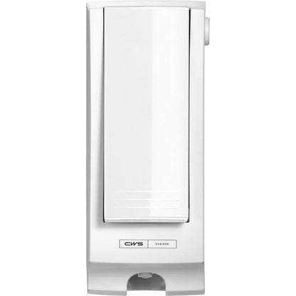 A fehér CWS ParadiseLine WC-ülőke tisztítószer-adagoló SeatCleaner panellel együtt modern, téglalap alakú dizájnnal és finom vonalakkal győz meg - az alsó címke "CWS Hygiene"-t mutat a tisztaság érdekében minden környezetben.