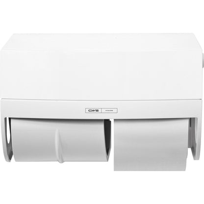 A CWS ParadiseLine WC-papír adagoló WC-papírral, beleértve a fehér panelt, két tekercset tart (egy teljes, egy részleges), falra szerelhető és viseli a CWS logót - ideális minden WC-területhez.