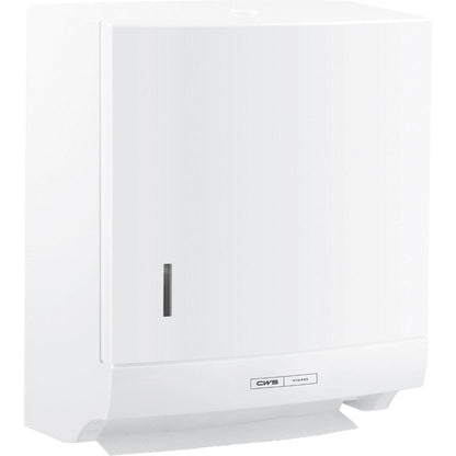 A CWS ParadiseLine Paper Slim fehér hajtogatott papírtörlő adagoló záras, CWS ablakkal a papírállapothoz és "CWS Hygiene" címkével alul - ideális higiénikus kézszárításhoz.