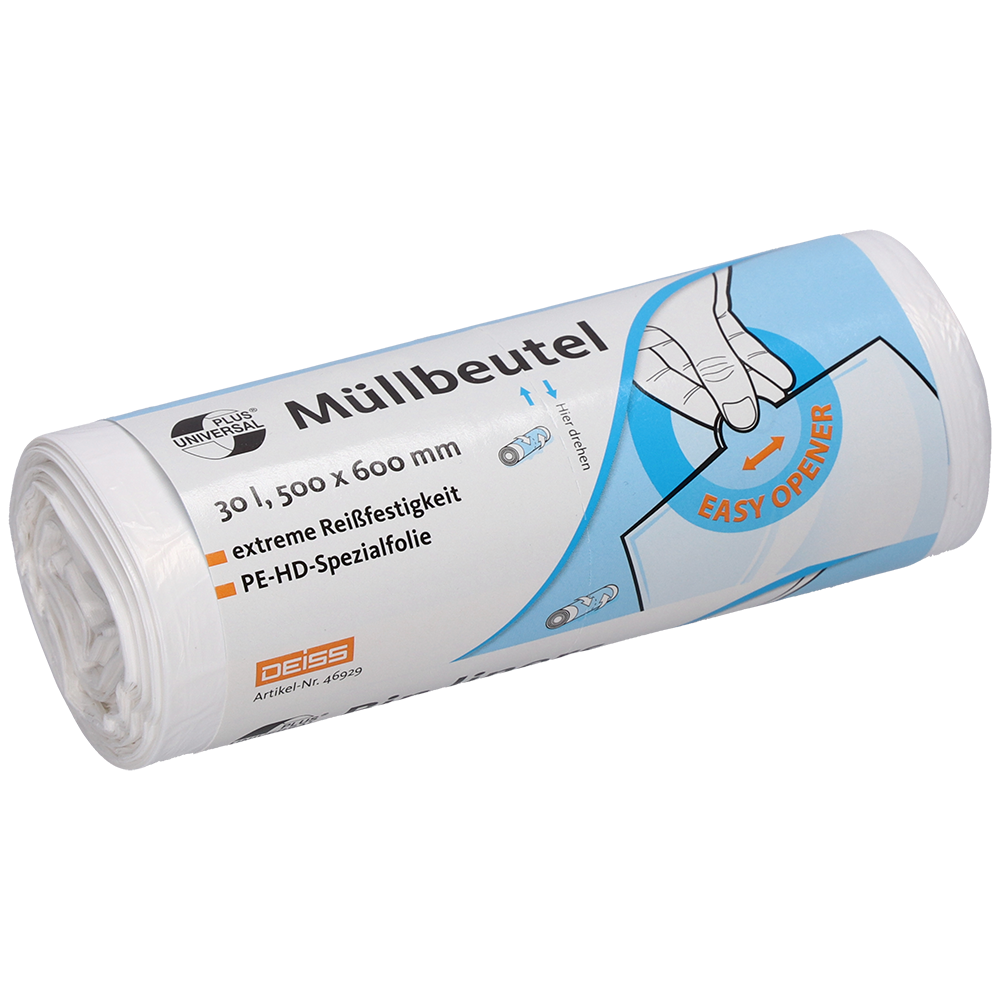 Egy tekercs fehér DEISS szemeteszsák 500x600 mm, HDPE-ből, 30 liter, az EMIL DEISS KG (GmbH + Co.) cégtől, német szöveggel, amely a méretet és a specifikációkat jelzi, egy kézillusztrációval, amely kiemeli az "EASY OPENER"-t és utal a szakadásálló szemeteszsákokra.