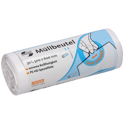 Egy tekercs fehér DEISS szemeteszsák 500x600 mm, HDPE-ből, 30 liter, az EMIL DEISS KG (GmbH + Co.) cégtől, német szöveggel, amely a méretet és a specifikációkat jelzi, egy kézillusztrációval, amely kiemeli az "EASY OPENER"-t és utal a szakadásálló szemeteszsákokra.