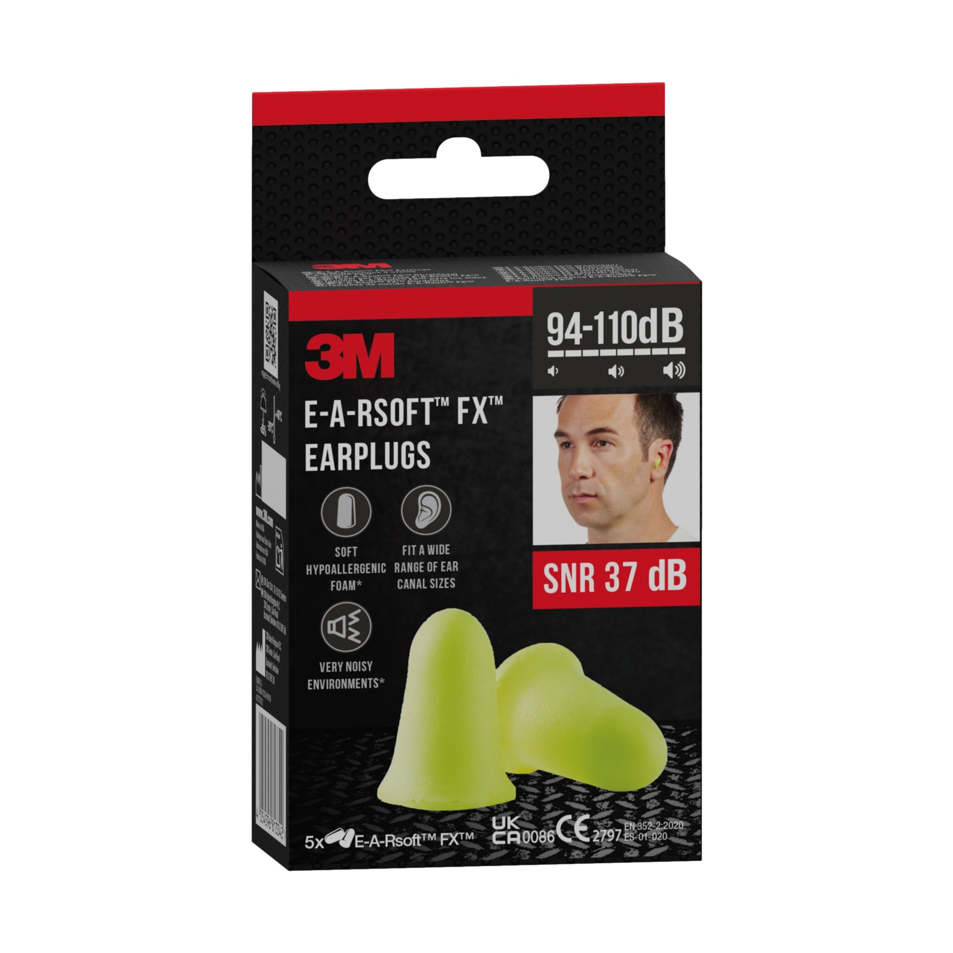 Packung 3M™ Gehörschutzstöpsel E-A-Rsoft™ FX™, Gelb, SNR 37 dB, aus weichem Polyurethanschaum von 3M Deutschland GmbH; zeigt zwei Stöpsel, Produktname und Foto eines Mannes mit den Stöpseln sowie Infos zu Funktionen und Dämmwert.