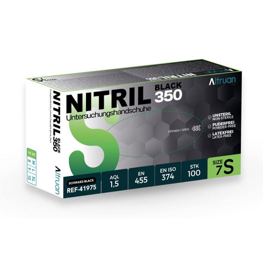 Egy doboz Altruan Nitril 350 Black egyszer használatos kesztyű (fekete) a BINGOLD GmbH + Co. KG-tól: 7S-es méret, latexmentes, nem steril, púdermentes – dobozonként 100 darab, fekete–zöld mintával.