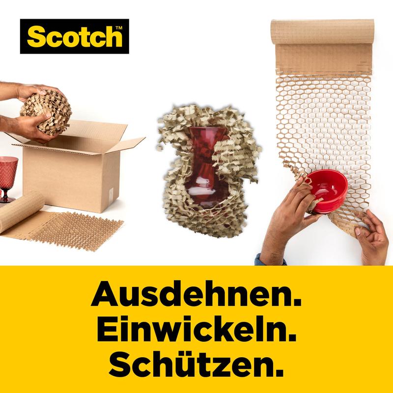Egy személy egy piros vázát csomagol be a Scotch™ Cushion Lock™ védőcsomagolással, 30,4 cm x 9,14 m a 3M Deutschland GmbH-tól; egy másik egy tálat csomagol be. Német szöveg: "Kiterjed. Becsomagol. Véd.
