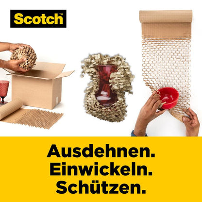 Egy személy egy piros vázát csomagol be a Scotch™ Cushion Lock™ védőcsomagolással, 30,4 cm x 9,14 m a 3M Deutschland GmbH-tól; egy másik egy tálat csomagol be. Német szöveg: "Kiterjed. Becsomagol. Véd.