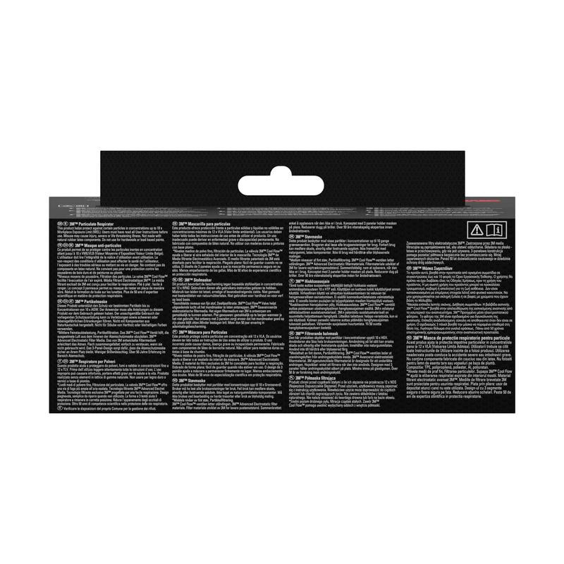 A kép a 3M™ Aura™ Comfort Cool Flow™ részecske maszk 9322+ (FFP2, szeleppel) a 3M Deutschland GmbH-tól hátulját mutatja több fehér szövegblokkal több nyelven fekete alapon, felül középen egy akasztófüllel és szimbólumokkal a jobb felső sarokban.