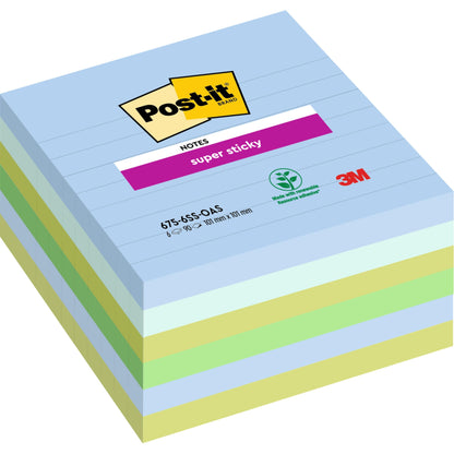 Egy nagy Post-it® Super Sticky Notes (101 x 101 mm, 90 lap, 100% PEFC) csomag a 3M Deutschland GmbH-tól. A legfelső lap márkajelzéssel és erdőtanúsítással ellátva.