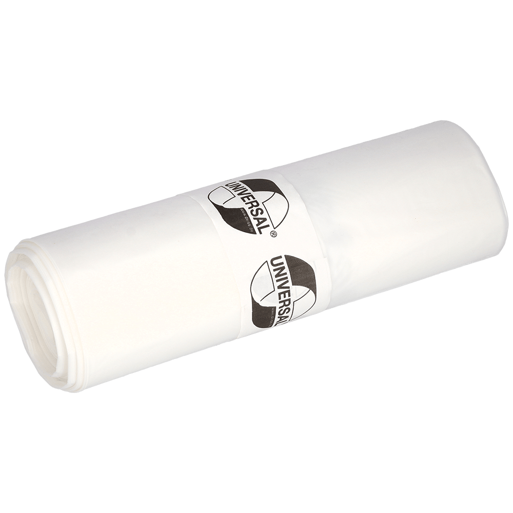 Egy tekercs EMIL DEISS KG (GmbH + Co.) DEISS szemeteszsák 575x1000x0,018 mm HDPE-ből, 50 l kapacitással, feliratos papírszalaggal csomagolva. Ezek a stabil fehér szemeteszsákok ideálisak a mindennapi használatra. Egyszínű, világos háttéren ábrázolva.