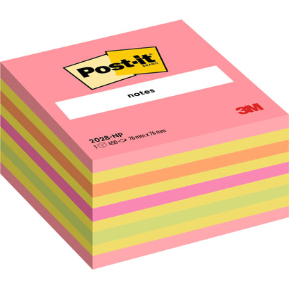 Egy kocka 450 lapos Post-it® Notes (76 x 76 mm) a 3M Deutschland GmbH-tól, rózsaszín, sárga és zöld jegyzetekkel. Termékkód: 2028-NP. 100% PEFC tanúsítvánnyal rendelkező papírból készült.