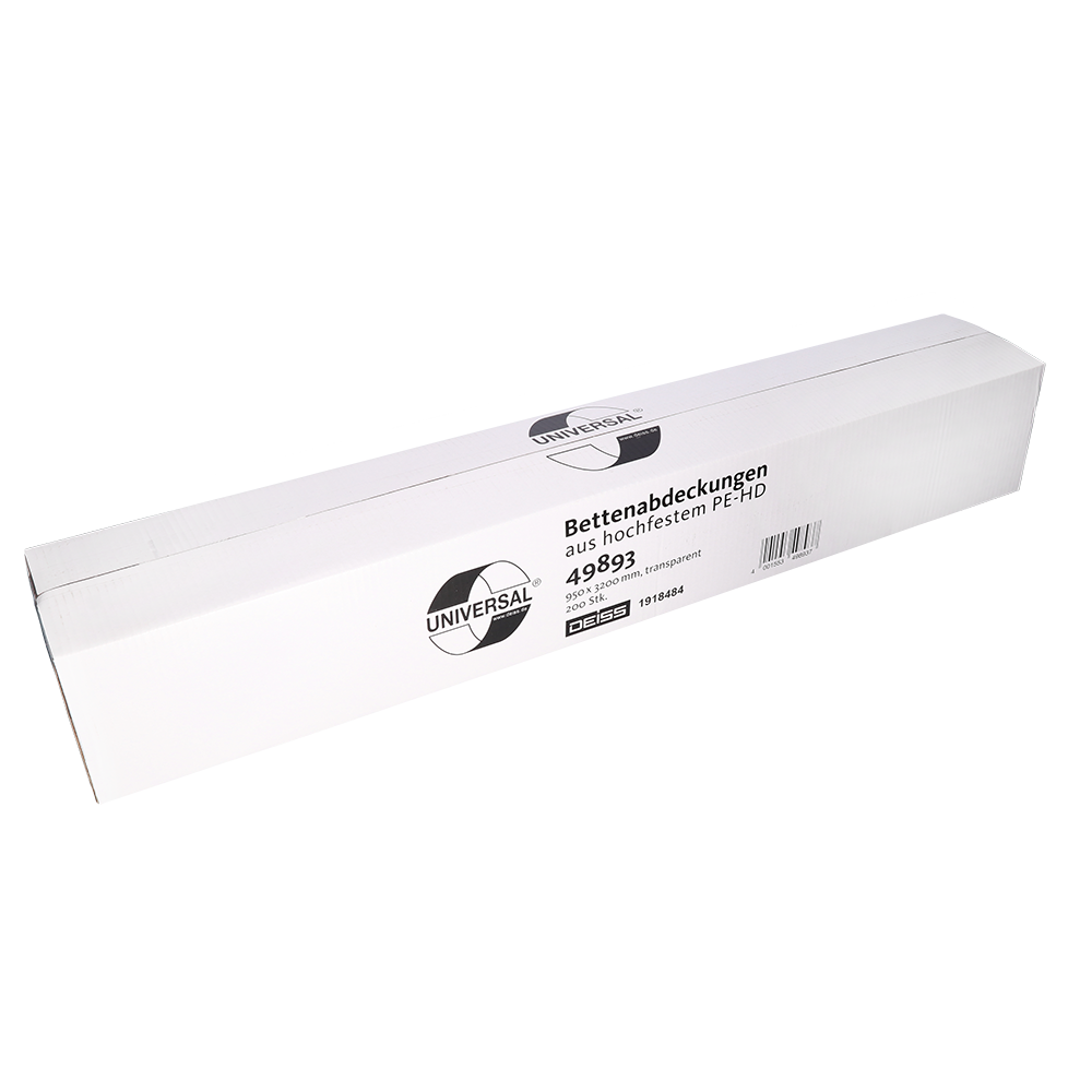 Eine rechteckige weiße Schachtel mit der Aufschrift "UNIVERSAL" enthält EMIL DEISS KG (GmbH + Co.) transparente Bettenabdeckungen 3200x950 mm, Produktname DEISS 49893, Packung mit 200 Stück, mit deutschem Text auf der Vorderseite.