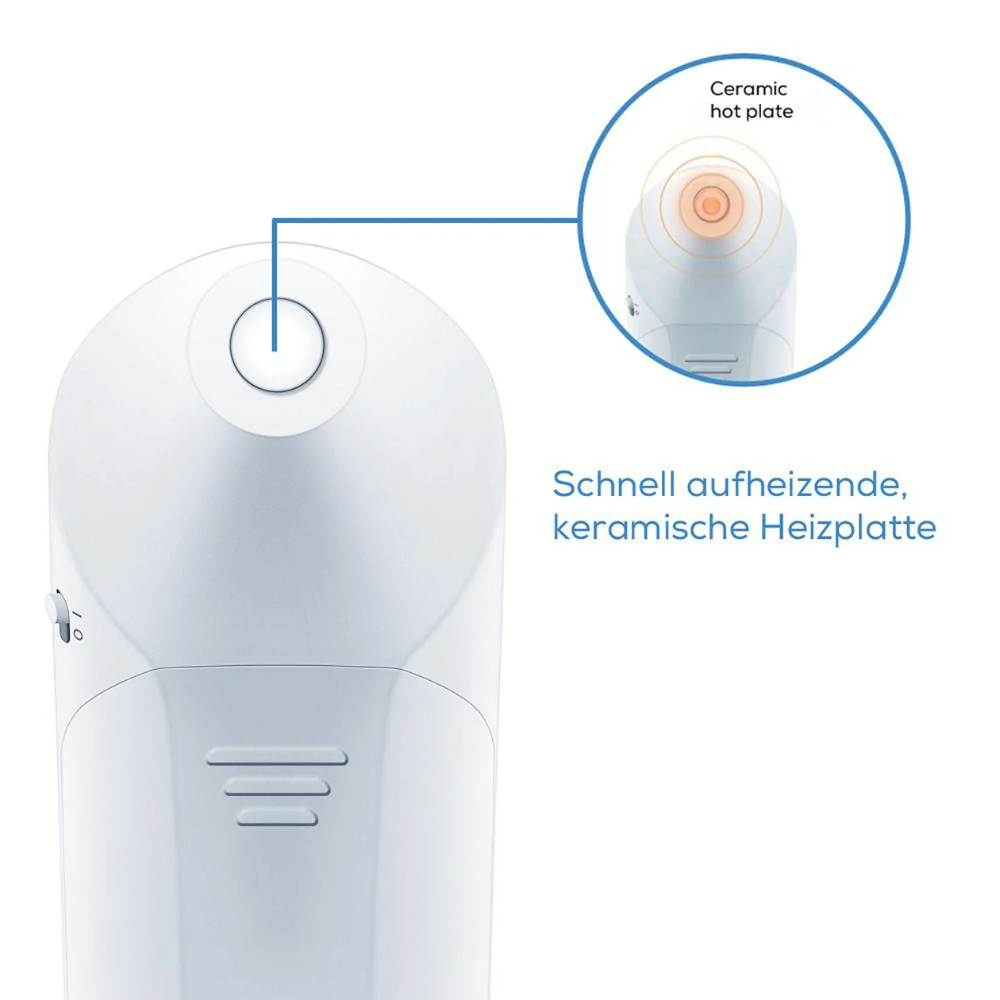 A kifutó termék közeli képe: A Beurer Insektenstichheiler BR 60 a Beurer GmbH-tól bemutatja a kerek kerámia fűtőlapját, amely ideális a rovarcsípések kezelésére. Egy betét emeli ki a lapot. Német szöveg: "Gyorsan felmelegedő, kerámia fűtőlap.