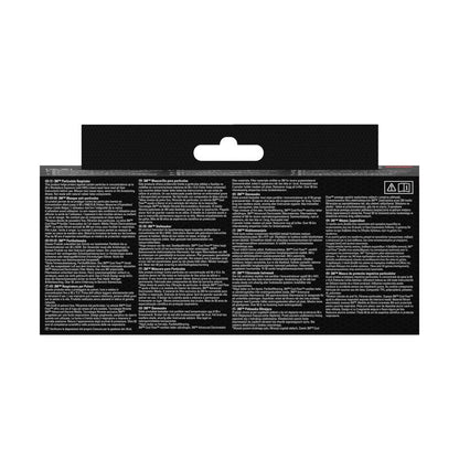 A kép a 3M™ Aura™ Comfort Cool Flow™ részecske maszk 9322+, FFP2, szelepes csomagolásának hátulját mutatja a 3M Deutschland GmbH-tól többnyelvű utasításokkal és figyelmeztetésekkel kis fehér betűkkel fekete alapon, valamint egy akasztófüllel felül.