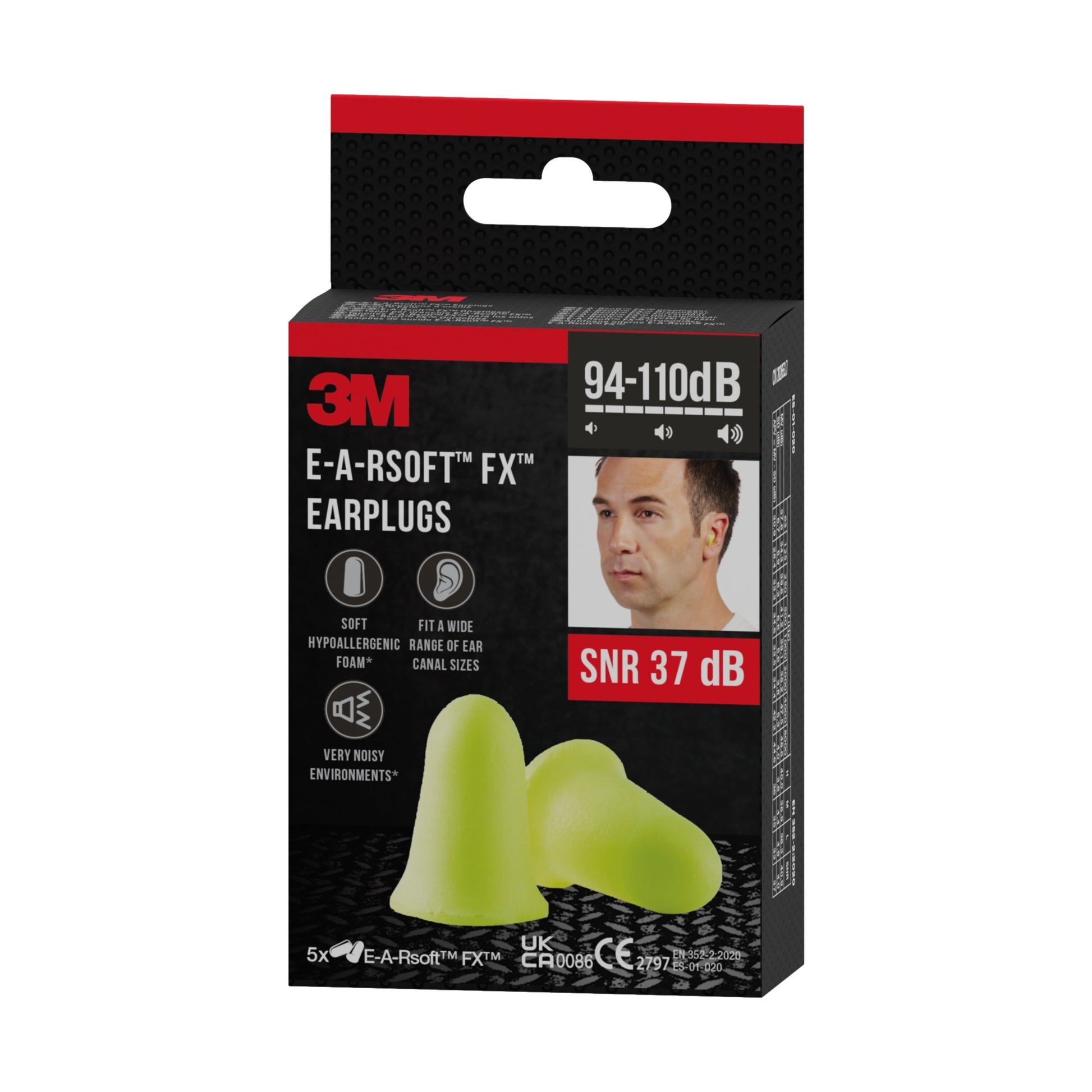 Eine Schachtel 3M™ E-A-Rsoft™ FX™ gelbe Ohrstöpsel (5 Paar), aus weichem Polyurethanschaum, SNR 37 dB, geeignet für sehr laute Umgebungen. Zeigt verschiedene Ohrgrößen und trägt die Marke 3M Deutschland GmbH.