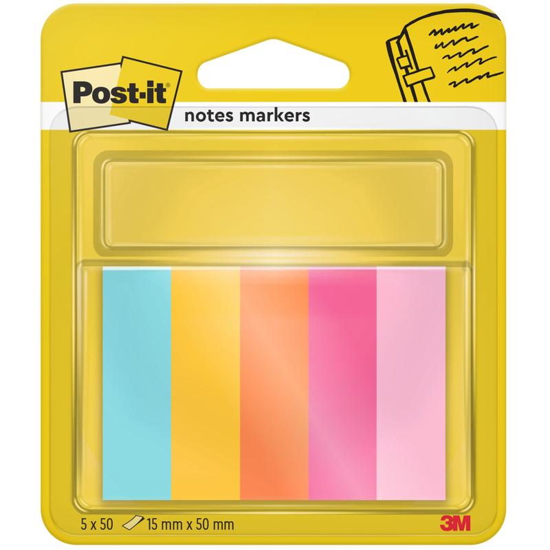 Egy csomag Post-it® Page Marker (15 mm x 50 mm, 50 lap/blokk, 100% PEFC) a 3M Deutschland GmbH-tól öt színes fület tartalmaz kék, sárga, narancs, rózsaszín és világos rózsaszín színekben, egy átlátszó tartóban egy sárga márkacsomagoláson.