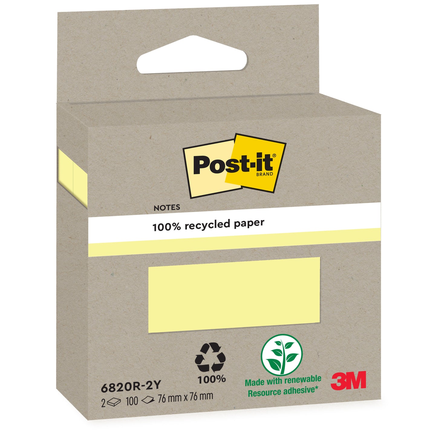 Egy kartondoboz Post-it® újrahasznosított jegyzetekkel (76 mm x 76 mm, 100% PEFC, 2 blokk, egyenként 100 lap) a 3M Deutschland GmbH-tól újrahasznosítási szimbólumokkal és a 3M logóval a jobb alsó sarokban.