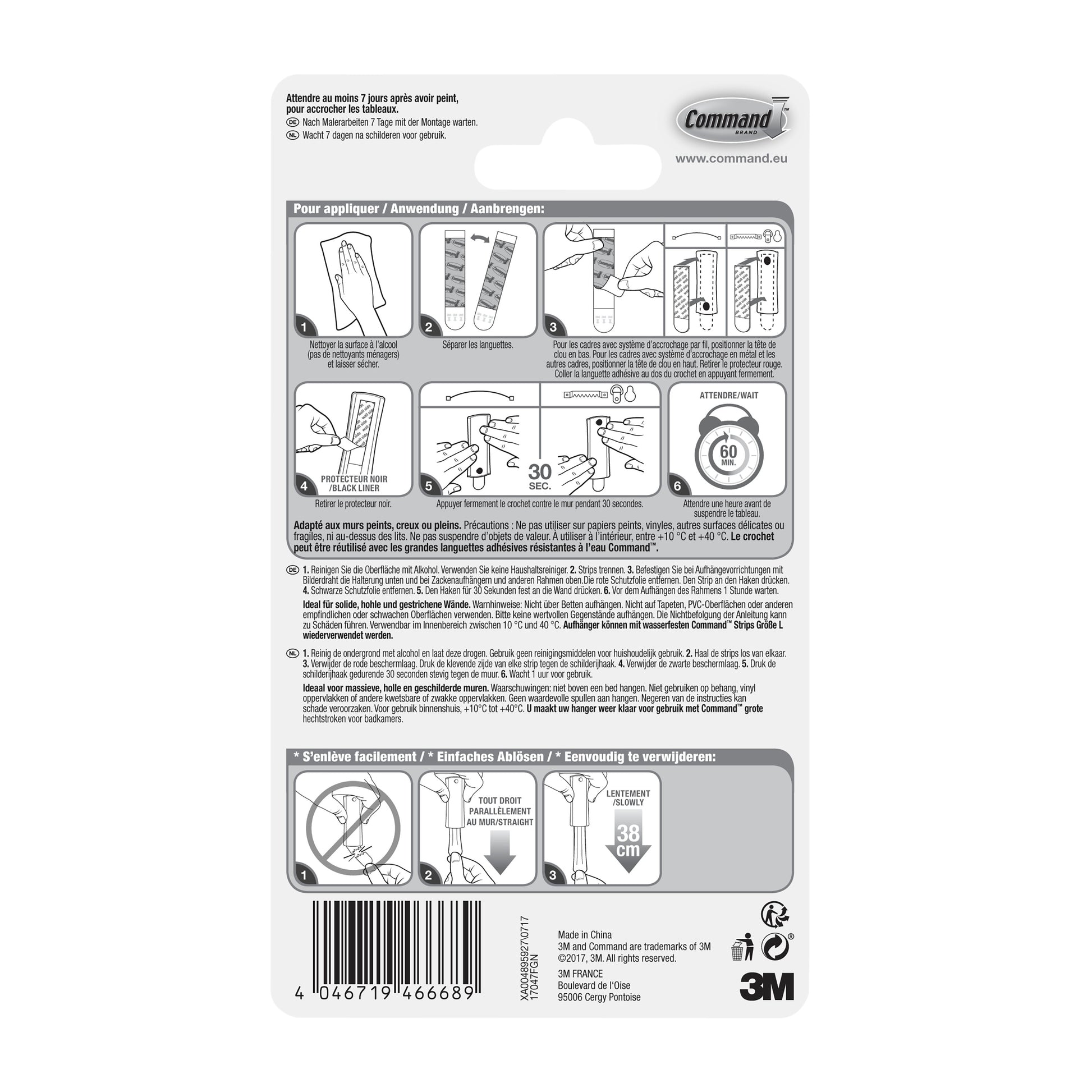 Auf der Rückseite des Command™ Universal-Klebenagels 17047 (1 Stück) der 3M Deutschland GmbH finden Sie eine mehrsprachige Anleitung mit Diagrammen zur Anwendung und Entfernung, Anwendungstipps, Produkt-Barcode und Herstellerangaben.