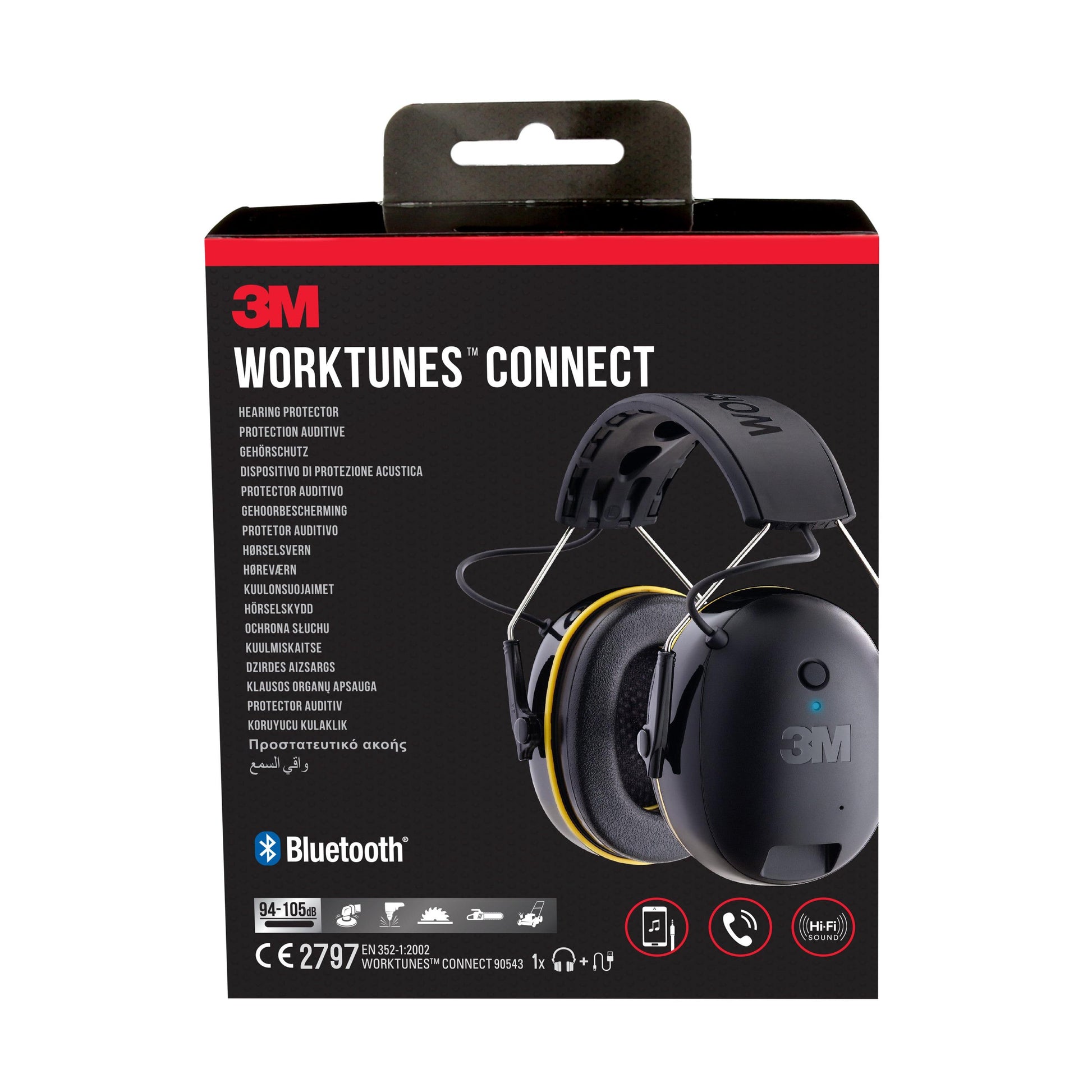 Abgebildet ist eine Schachtel mit 3M™ WorkTunes™ Connect Kapselgehörschutz 90543E, Bluetooth®, von 3M Deutschland GmbH. Die Verpackung hebt den SNR-Wert 31 dB in Schwarz und Rot mit mehrsprachigen Produktdetails auf der Vorderseite hervor.
