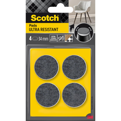 Egy csomag 3M Scotch® Extrém tartós filcpárna SP87A36 négy önragasztó, kerek, szürke filcpárnát (Ø 34 mm) tartalmaz a bútorok védelmére. A szürke filcpárnák (4/csomag) a fenti képen jobbra, szék lábai alatt láthatók.
